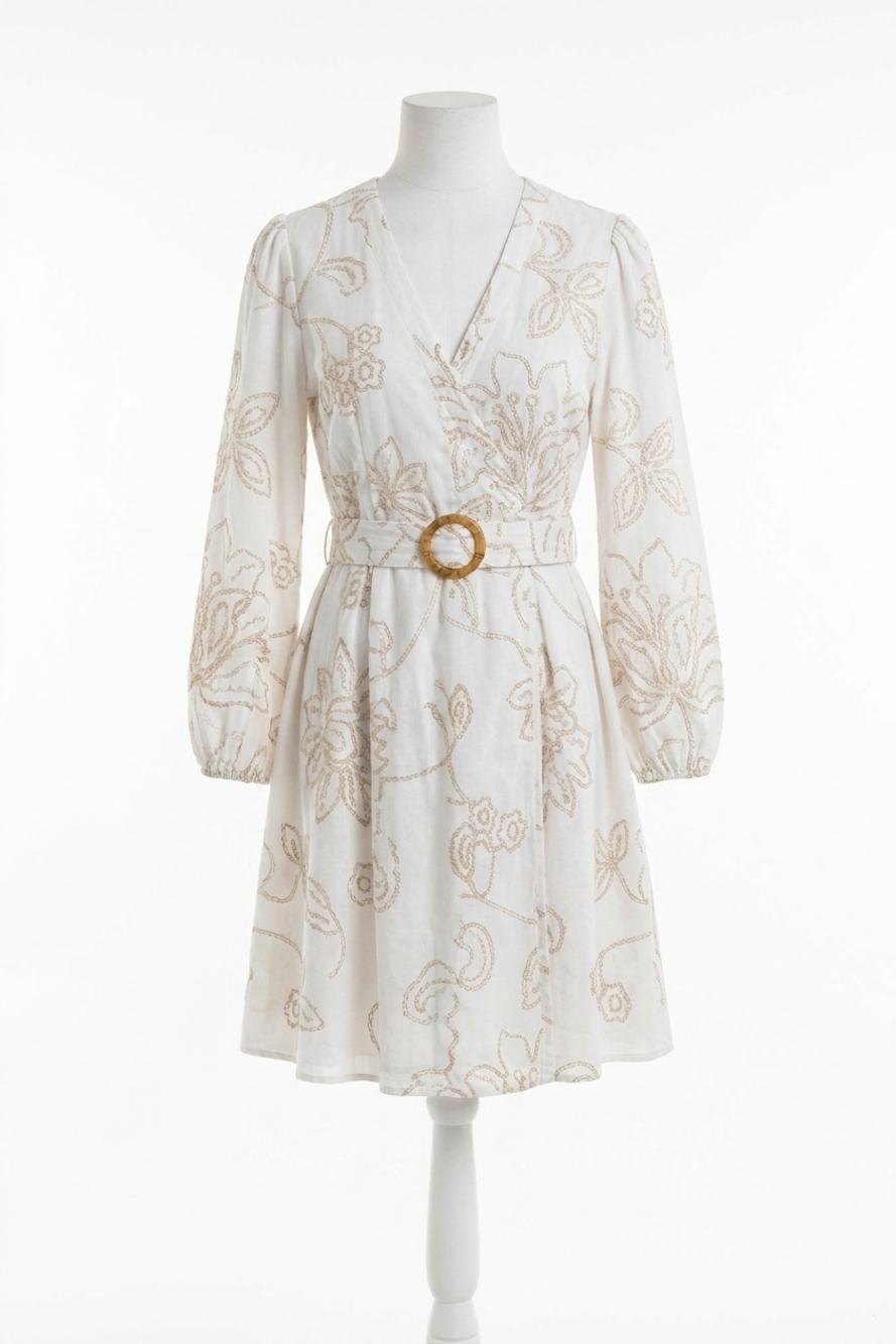 NEW MAGGY LONDON long sleeve button up dress in ivory/tan